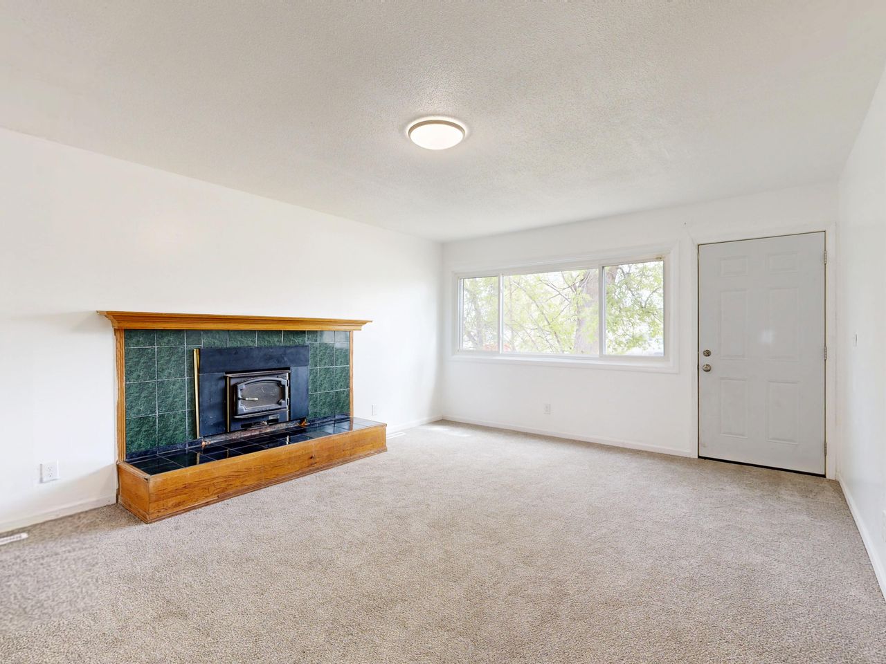 portfolio-01 Bright empty living room featuring a modern fireplace and large window view.